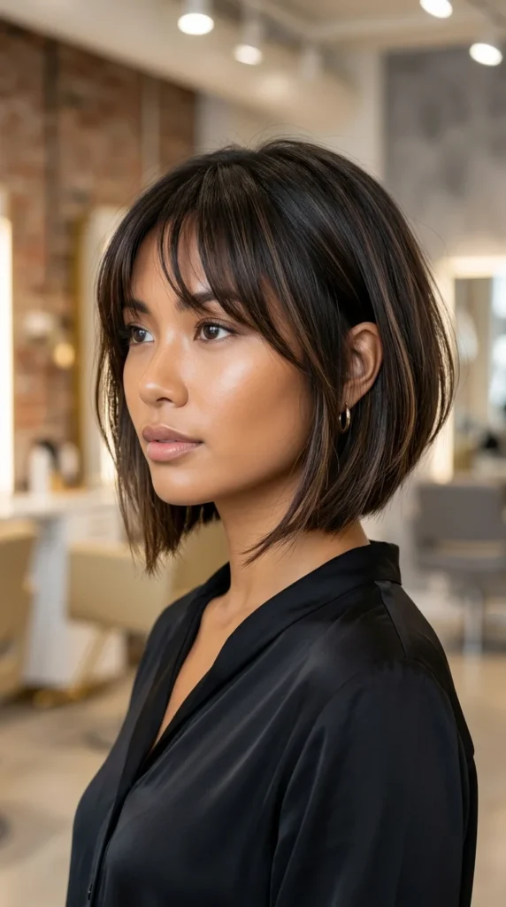 Angled Bob with Wispy Curtain Bangs