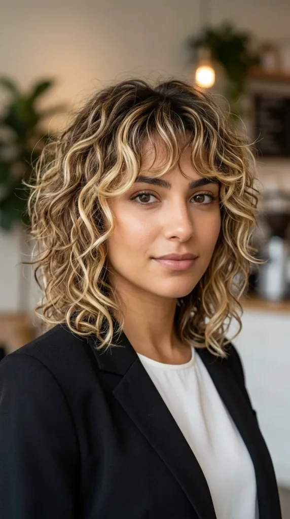 Blonde Highlighted Curly Wolf Cut