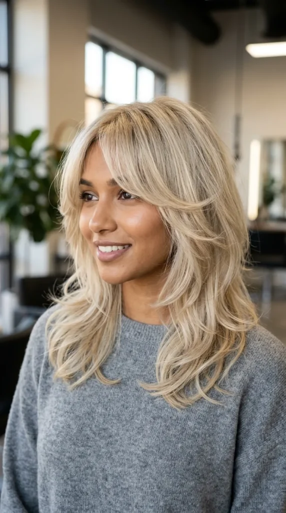 Blonde Layered Hair with Curtain Fringe