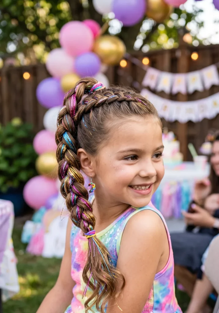 Braided Ponytail with Colorful Hair Tinsel