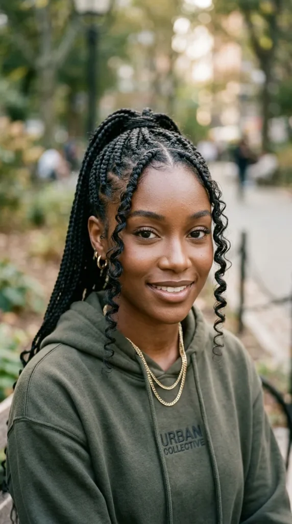Braided Ponytail with Curly Money Pieces