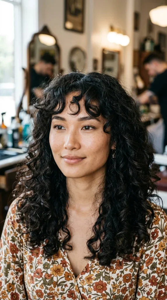 Brushed Out Curly Hair with Curtain Bangs