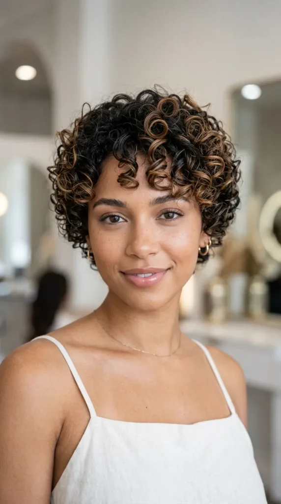 Caramel Highlighted Curly Pixie