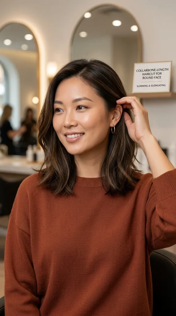 Collarbone-Length Haircut for Round Face
