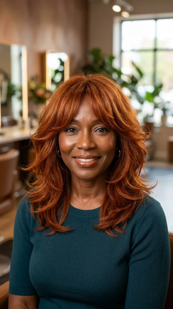 Copper Layers with Curtain Bangs