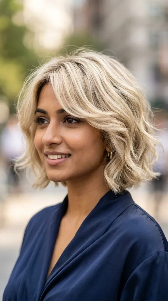 Creamy Blonde Italian Bob with Side Bangs