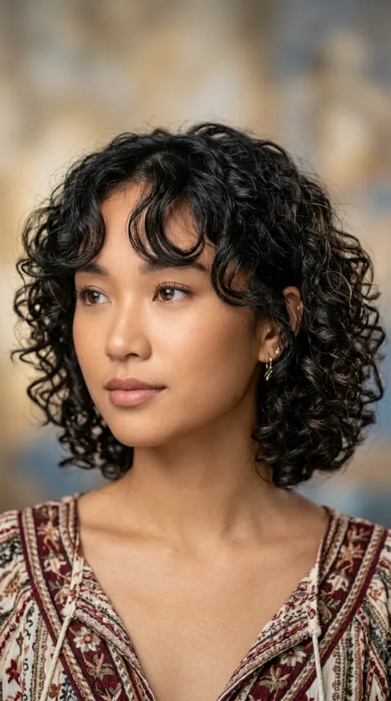 Curly Bob with Curtain Bangs