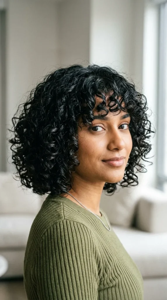 Curly French Bob with Bangs