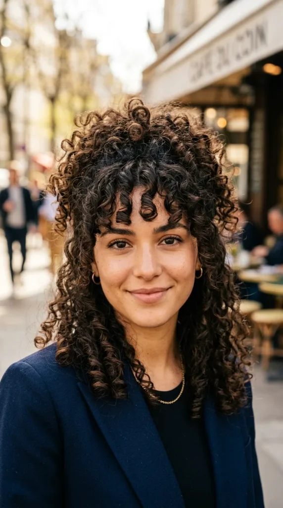 Curly Hair with Bottleneck Curtain Bangs