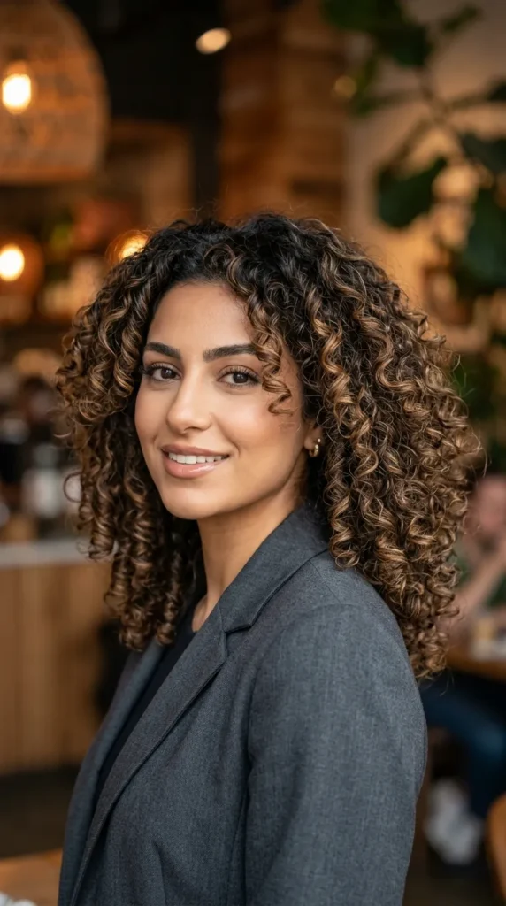 Curly Hair with Caramel Highlights