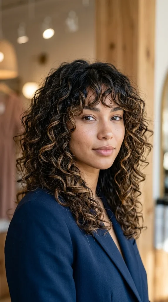 Curly Hair with Curtain Bangs and Balayage