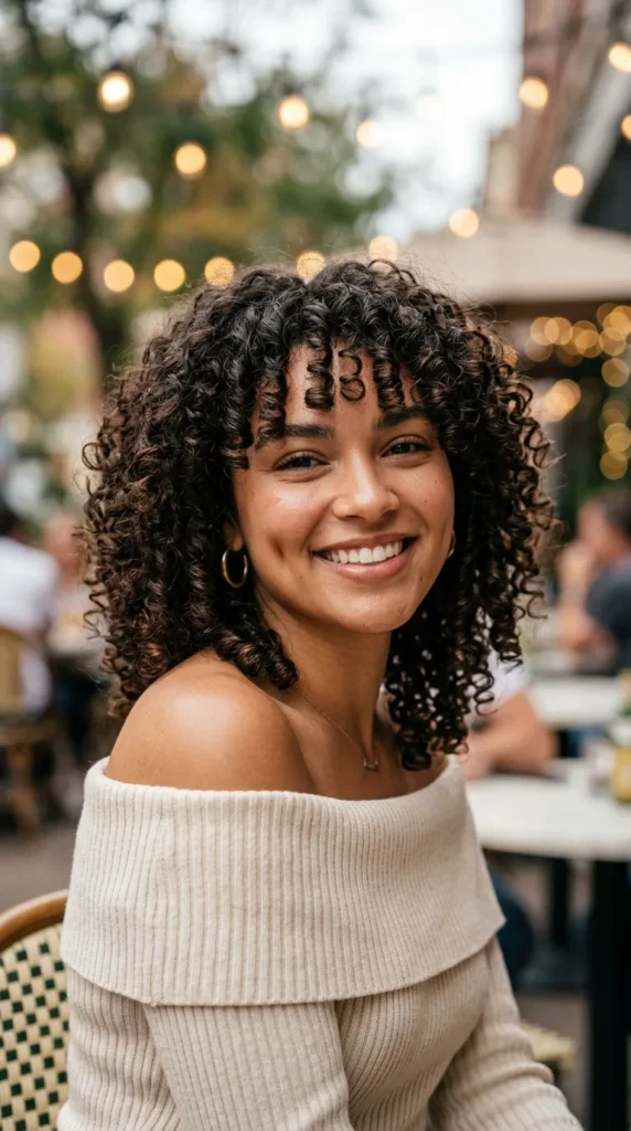 Curly Hair with Curtain Bangs for Round Faces