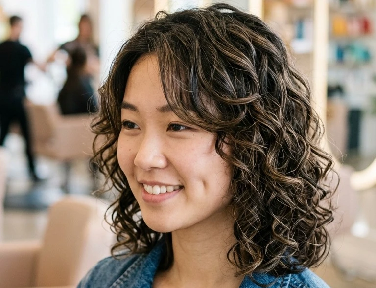 Curly Hair with Curtain Bangs