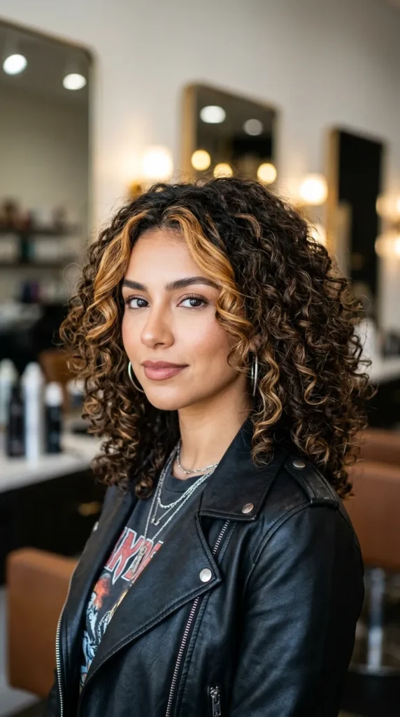 Curly Hair with Money Piece Highlights