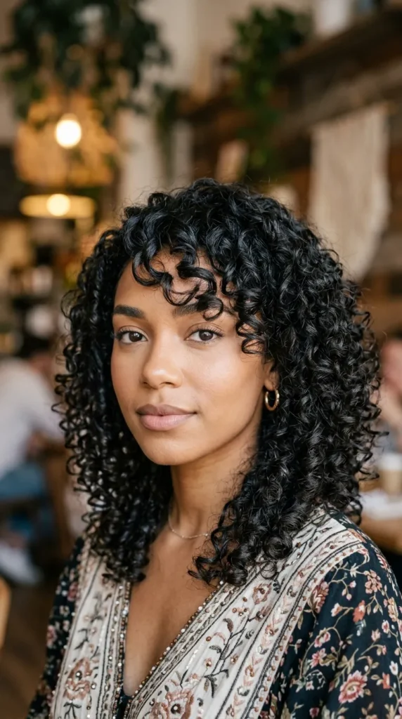 Curly Hair with Side-Swept Bangs