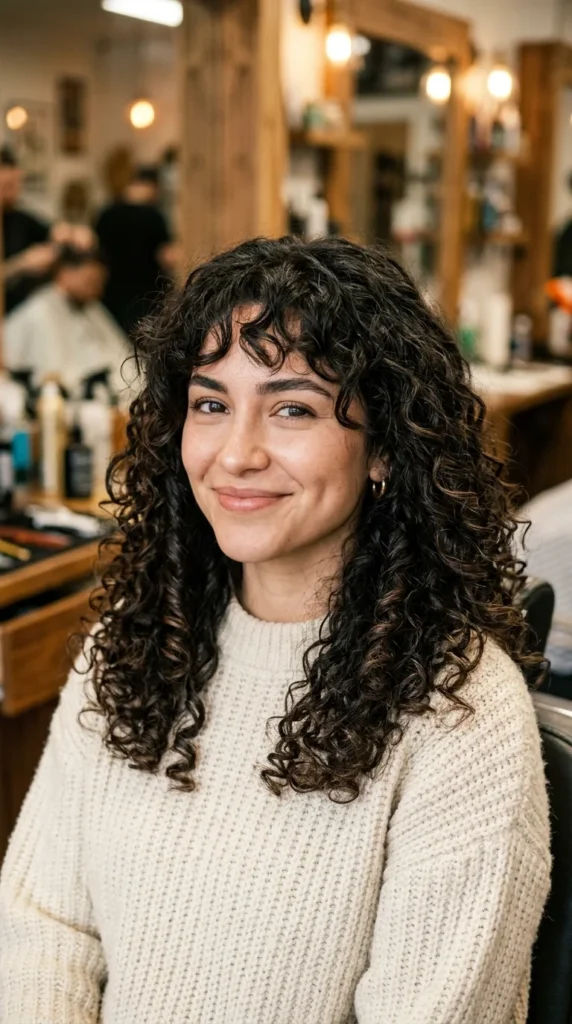 Curly Hair with Wispy Curtain Bangs
