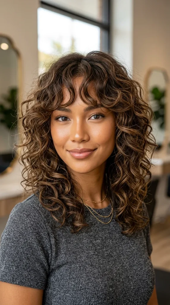 Curly Layers with Curtain Bangs