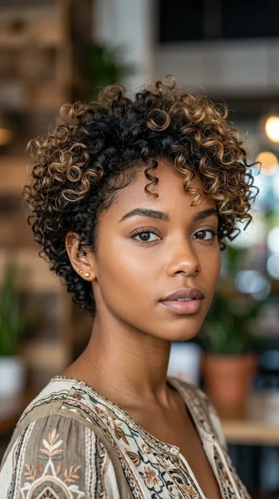 Curly Pixie with Balayage Dimension