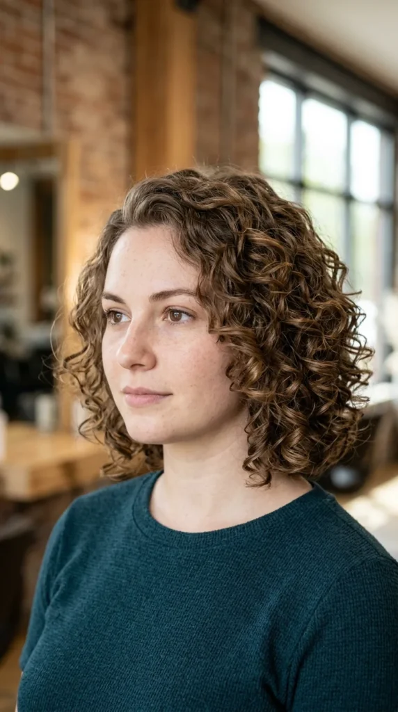 Curly Shoulder-Length Hairstyle for Round Face