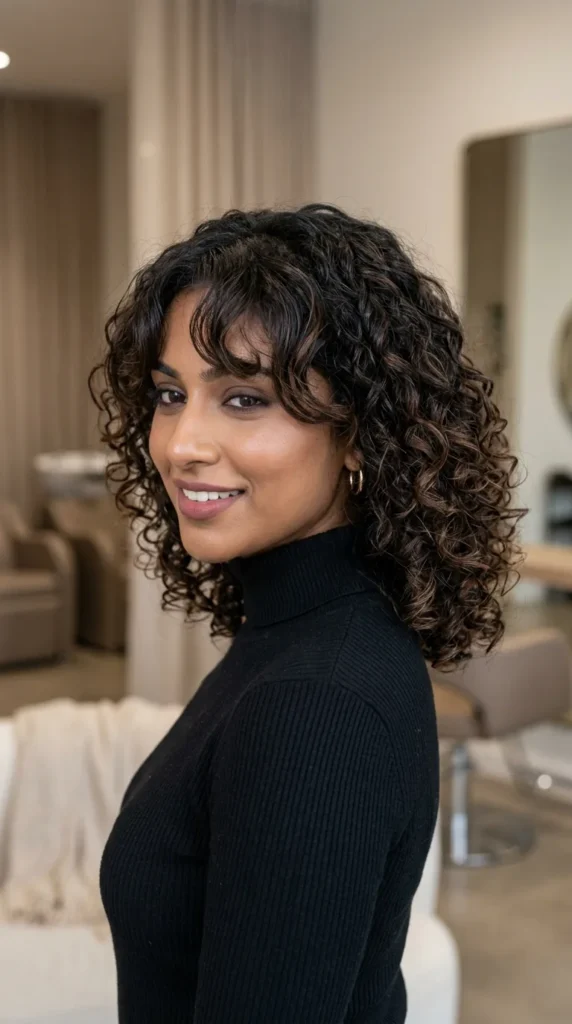Curtain Bangs on Curly Hair Without Layers