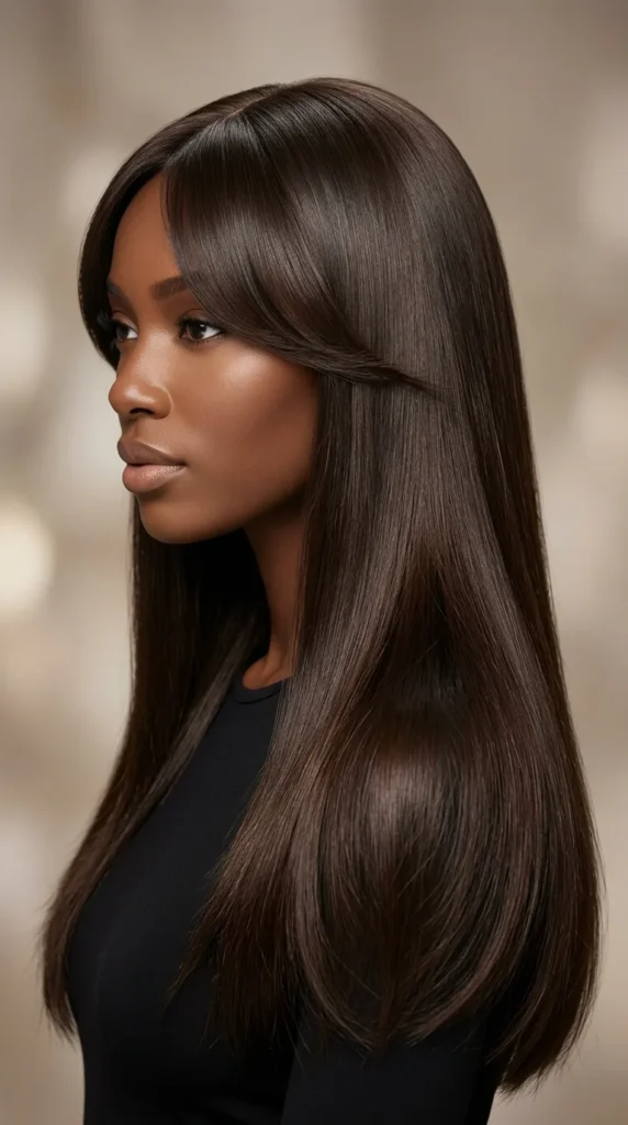  Curtain Bangs on Sleek Long Hair