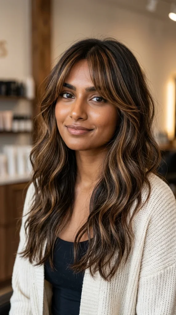 Curtain Bangs with Caramel Highlights