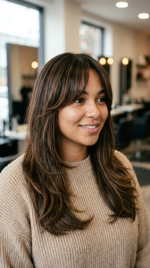Curtain Bangs with Long Layers for Oval Face