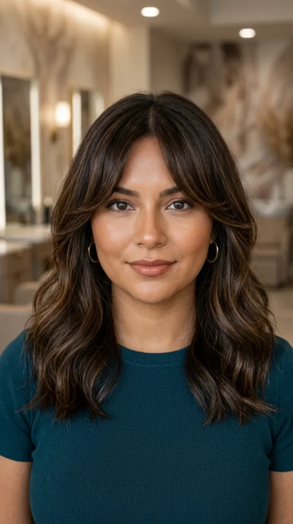 Curtain Bangs with Shoulder-Length Hair for Round Face