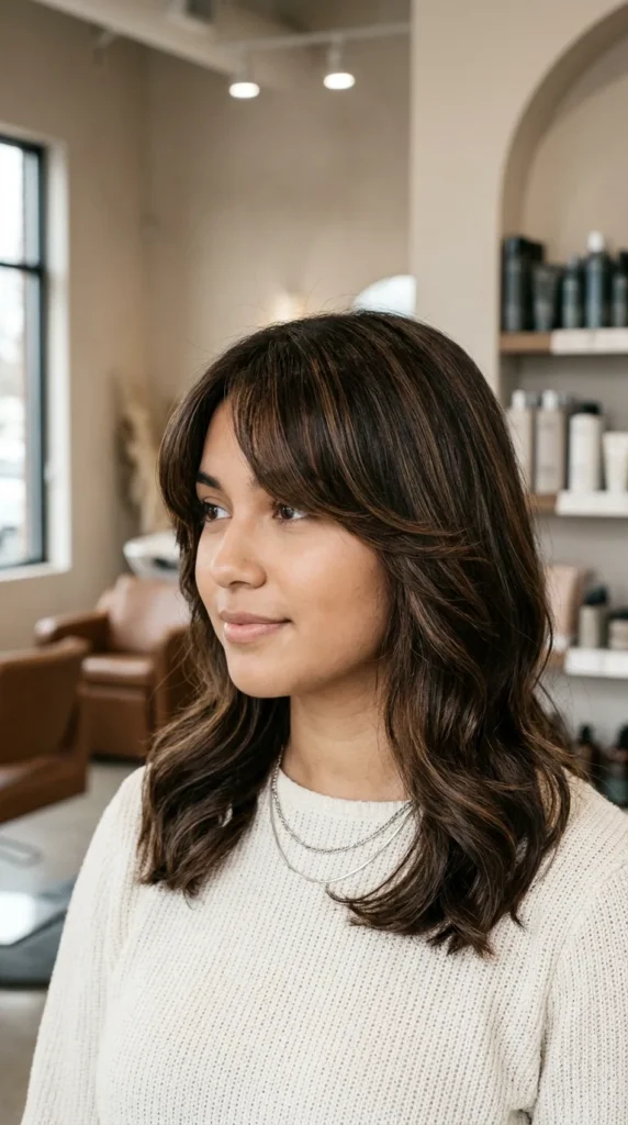 Dimensional Brunette Curtain Bangs