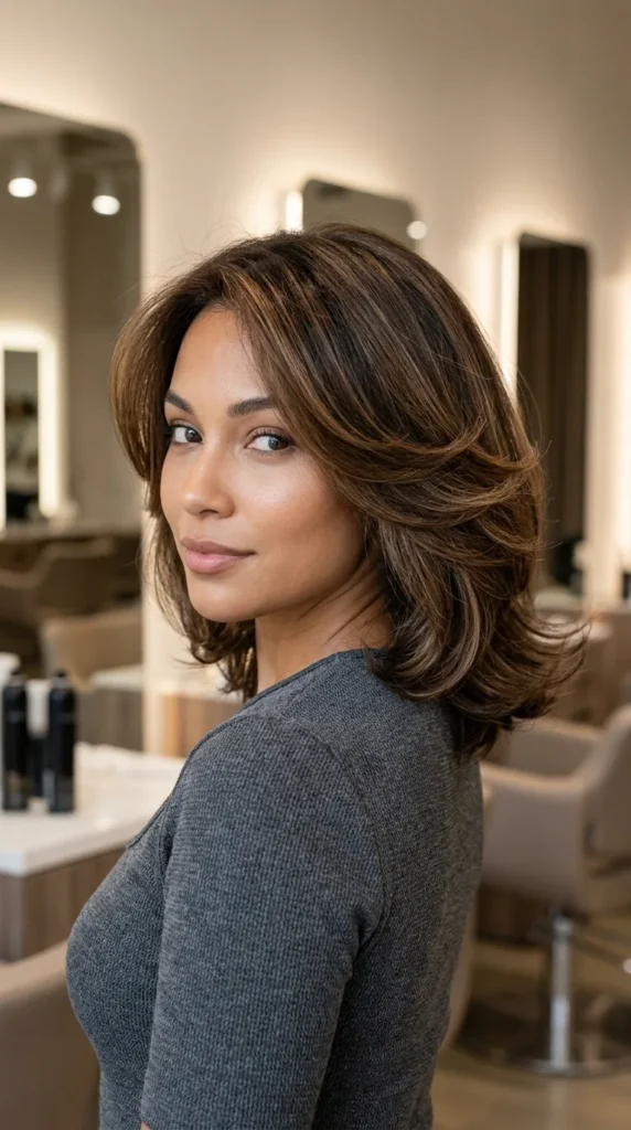 Feathered Shoulder-Length Hair for Round Face
