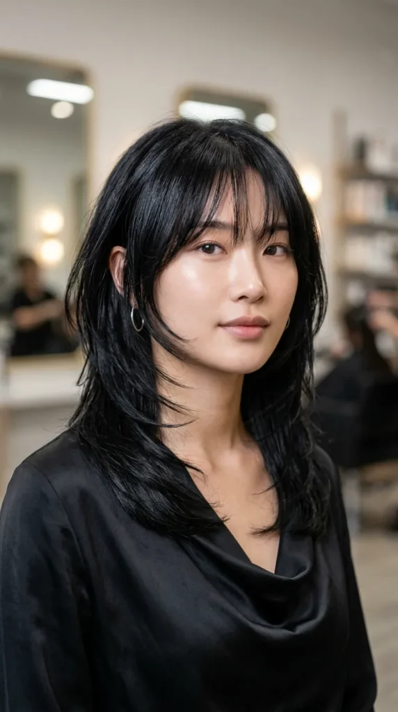 Glossy Black Korean Wolf Cut