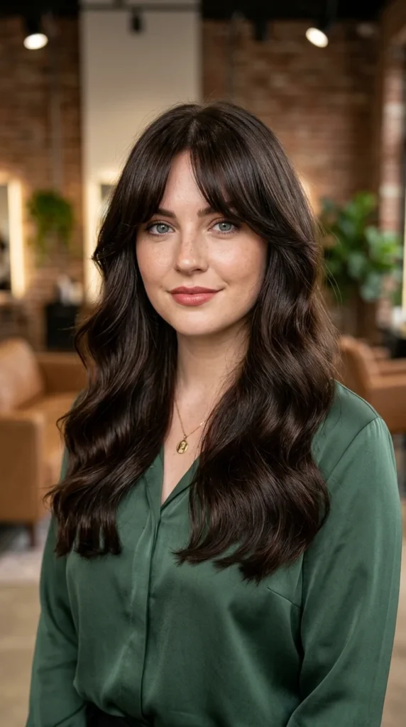 Glossy Brunette Curtain Bangs
