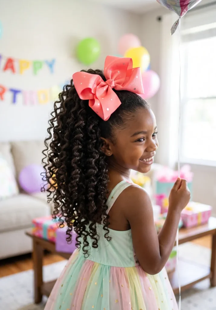 High Curly Ponytail with Statement Bow