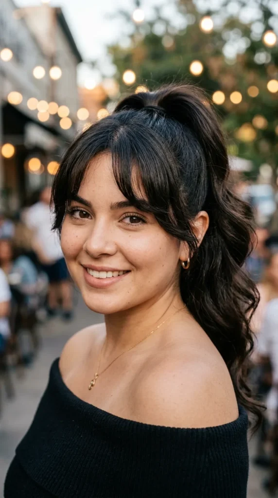 High Ponytail with Curtain Bangs