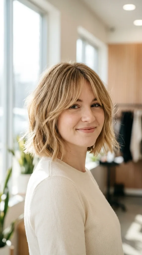 Honey Blonde Bob with Curtain Bangs