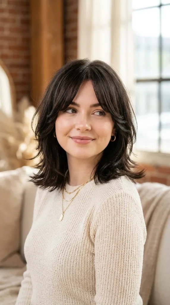 Kitty Cut with Curtain Bangs for Round Face