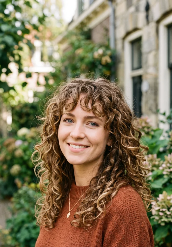 Layered Curly Hair with Curtain Bangs