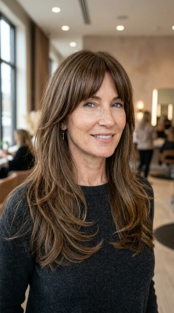 Layered Hair with Blunt Curtain Bangs