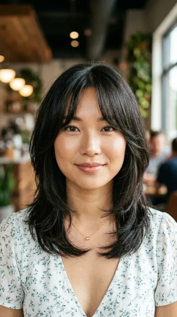 Layered Hair with Curtain Bangs for Oval Face