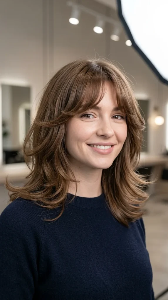 Layered Hair with Flipped Ends and Curtain Bangs