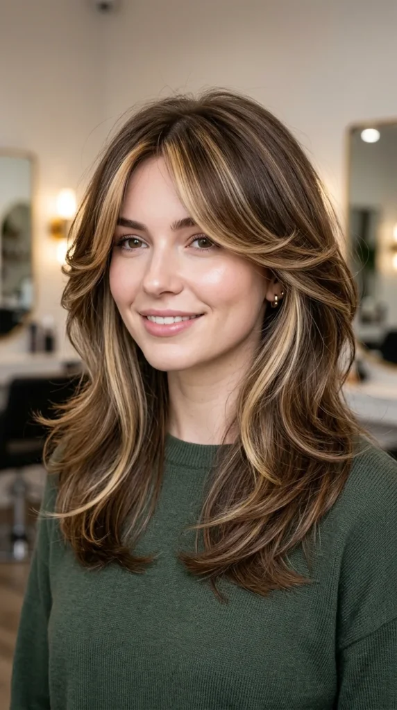 Layered Hair with Money Piece Highlights