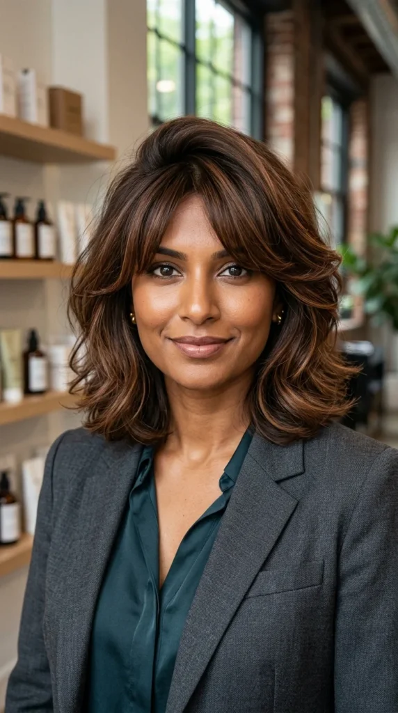 Layered Hair with Side Volume and Curtain Bangs
