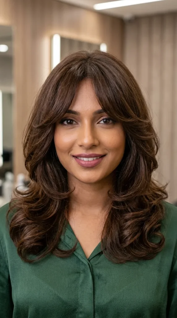 Layered Hair with Soft Curls and Curtain Bangs