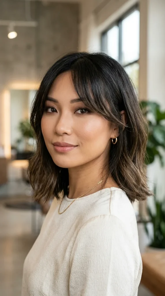 Long Bob for Round Face with Curtain Fringe