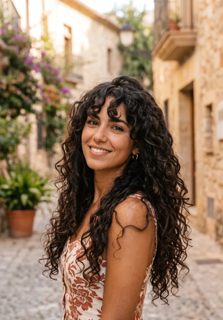 Long Curly Hair with Curtain Bangs