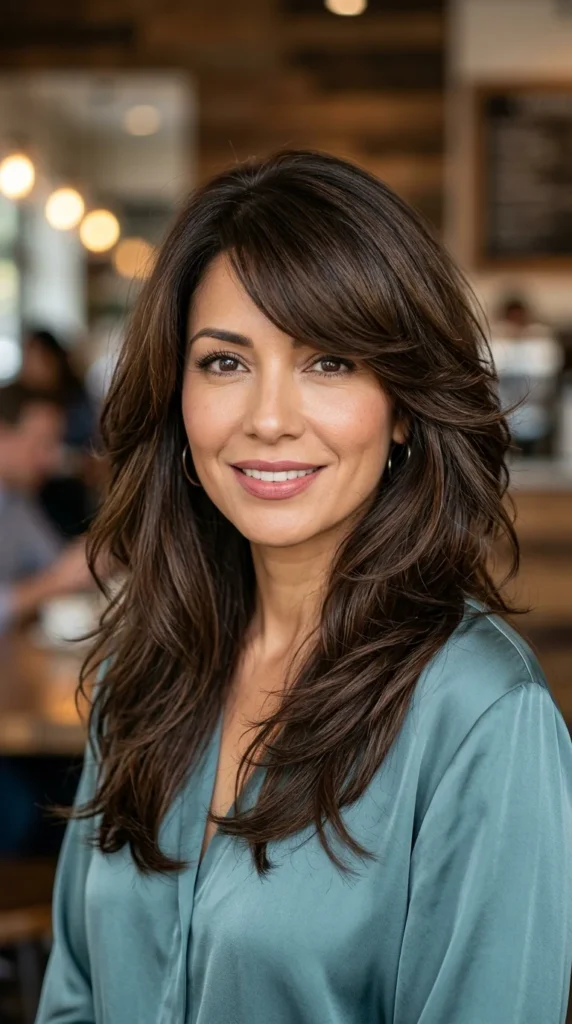 Long Feathered Cut with Side-Swept Bangs