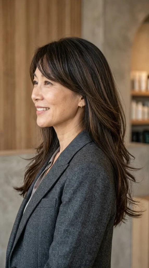 Long Layered Haircut with Side-Swept Bangs
