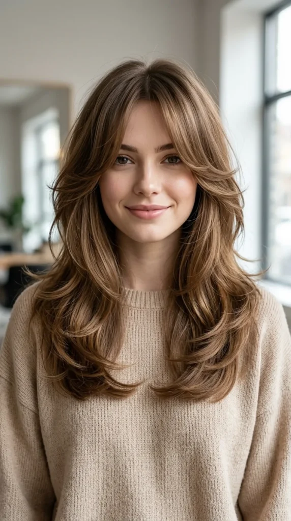 Long Layers for Thick Hair with Curtain Bangs