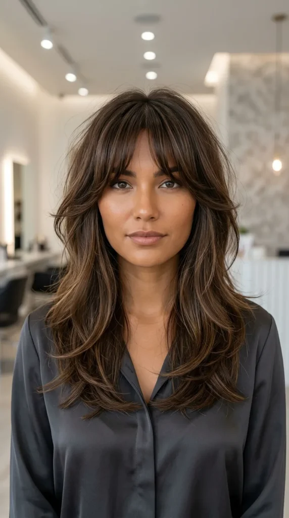 Long Layers with Curtain Bangs for Mature Women