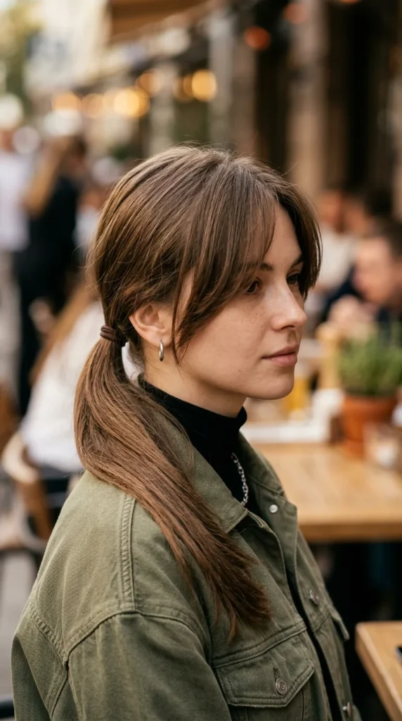 Low Ponytail with Curtain Bangs